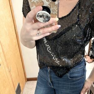 Free People Butterfly Hem Black Sequin Semi-Sheer Crop Top
